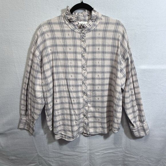 XIRENA Plaid Jensen Flannel  Top Size L Oversized Boxy Pearl Snap Ruffle Neck - Picture 1 of 13